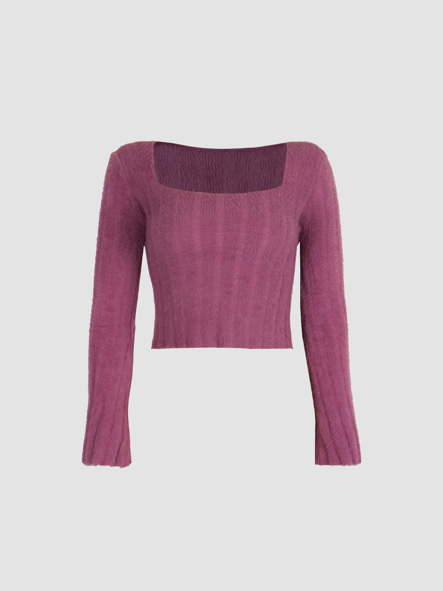 Short Fleece Square Neck Long Sleeve Top