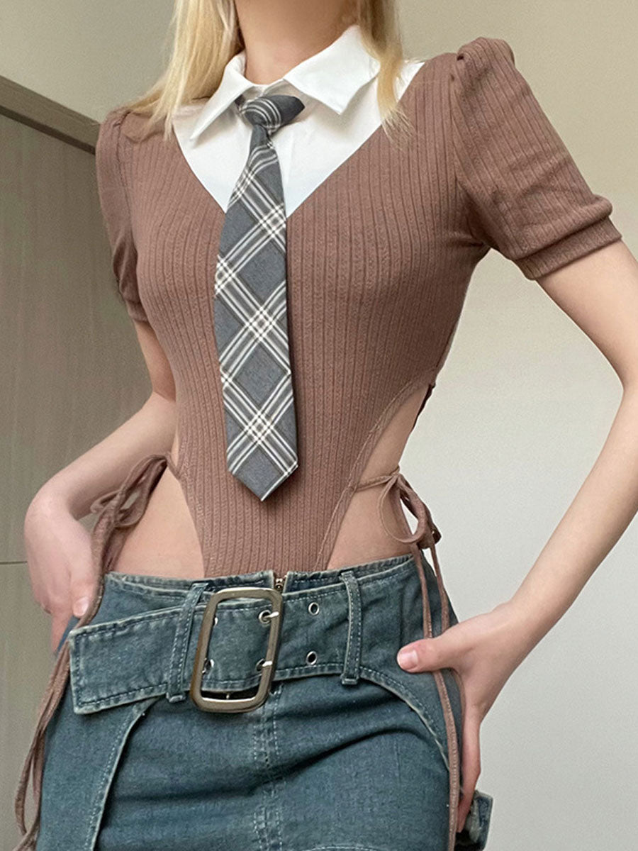 Fake Two-piece Onesie Top with Tie