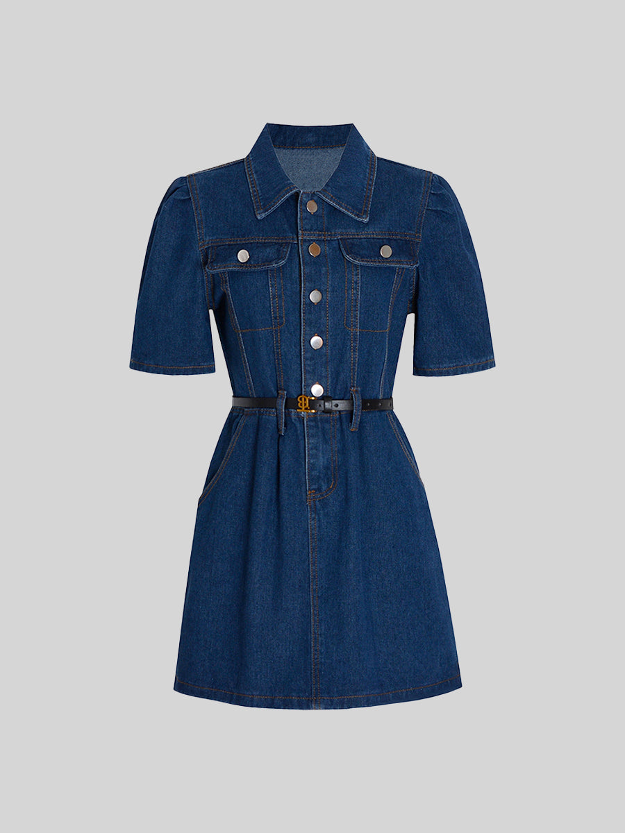 Bubble Sleeve Belt Denim Dress