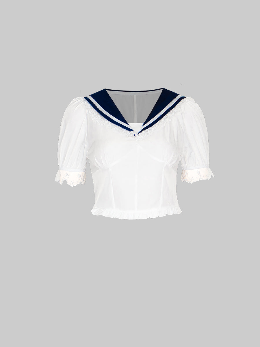 Navy Blue Bubble Sleeve Top&Pleated Skirt Set