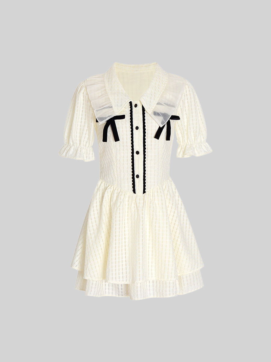 Checkered Lace Bow Apricot Dress