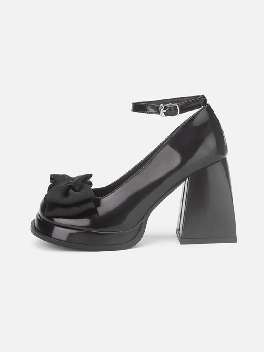Ankle Strap Bow Tie Chunky Heeled Platform Pumps