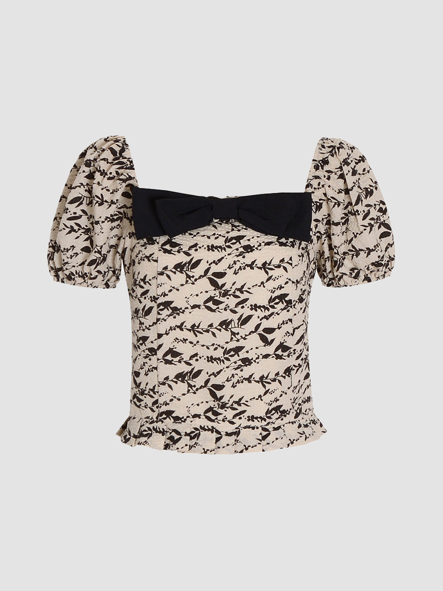Premium Floral Square Neck Bow Short Sleeve Top