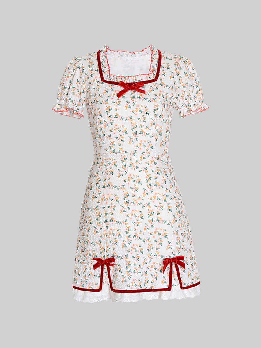 Sweet Bow Lace Floral Dress