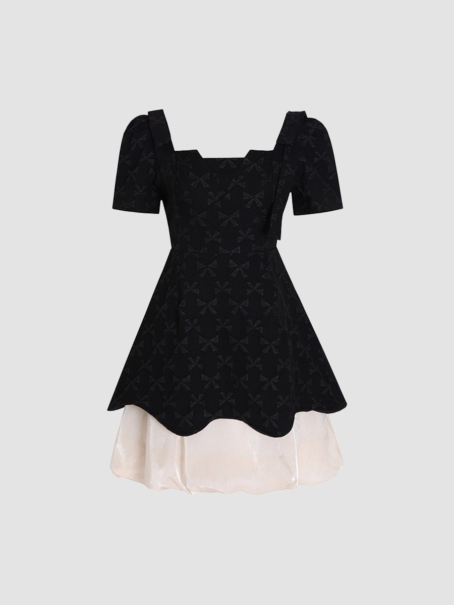 Bow Jacquard Short Sleeve Dress