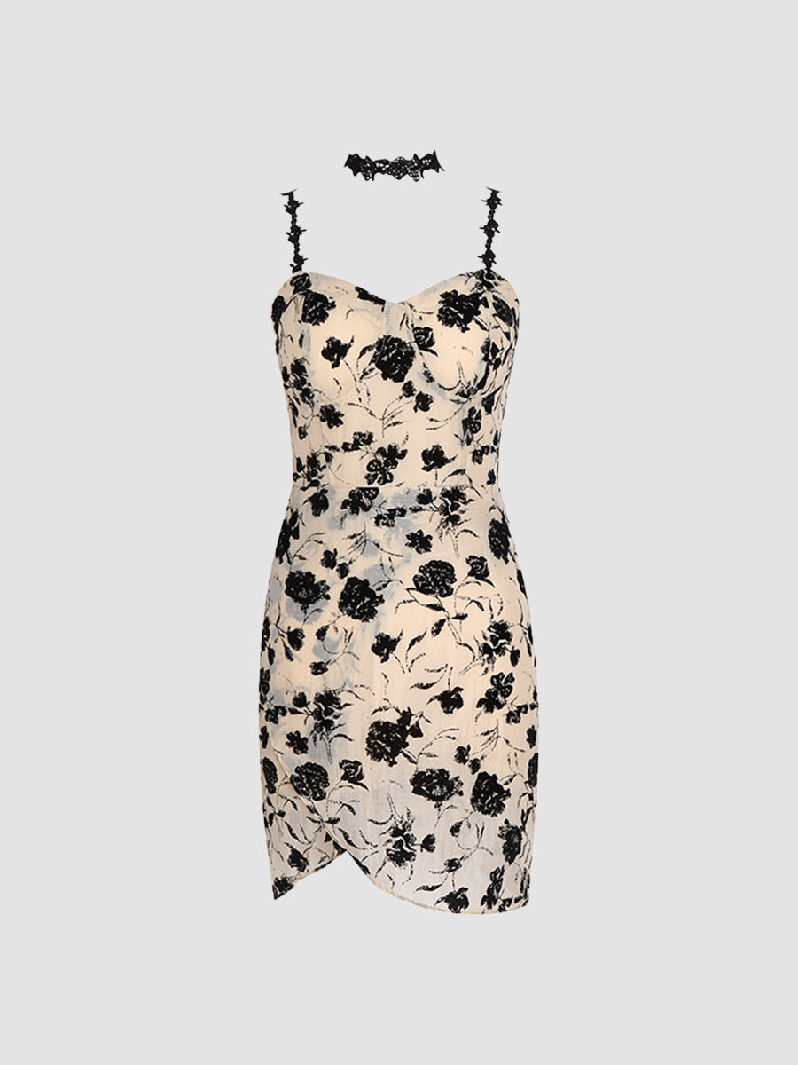 Sexy Flocked Rose Tight Camisole Dress