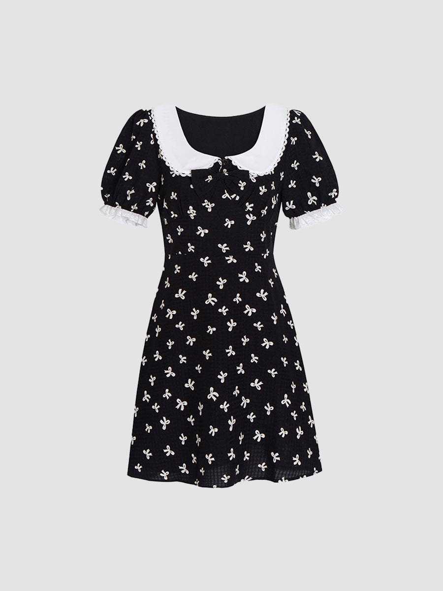 Retro Bow Print Doll Neck Dress