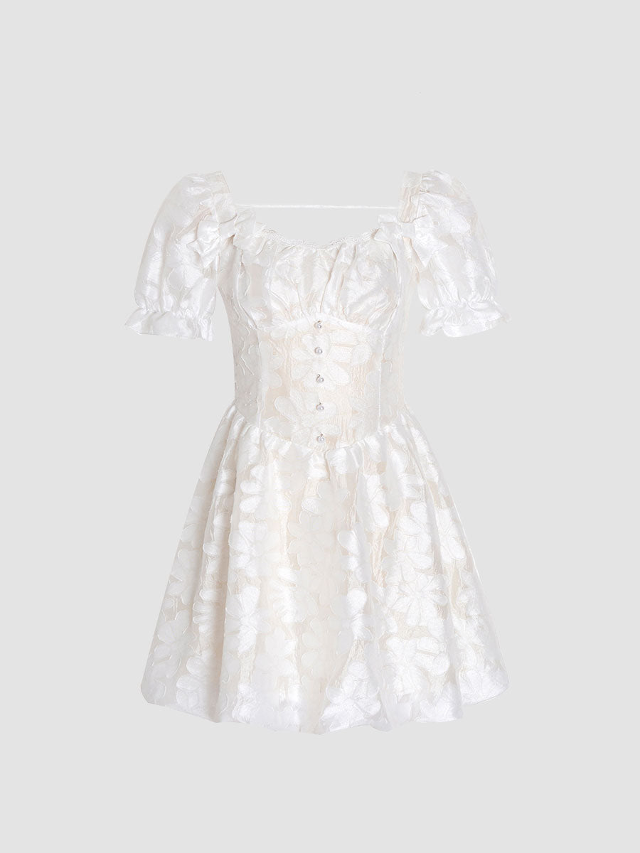 Lace Embroidered Floral Bubble Sleeve Prom Dress