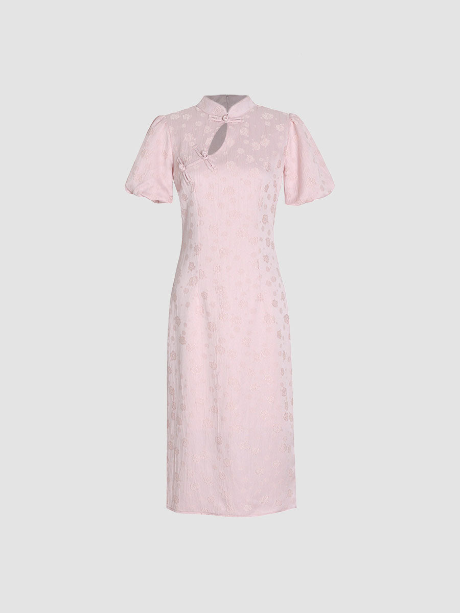 Women's Pink Jacquard Chinese Cheongsam Midi Evening Dress