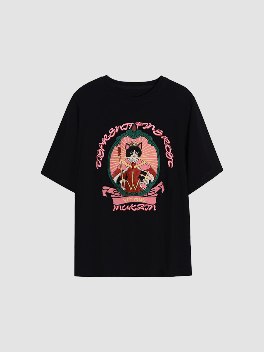 Cat Embroidered Black T-shirt Top