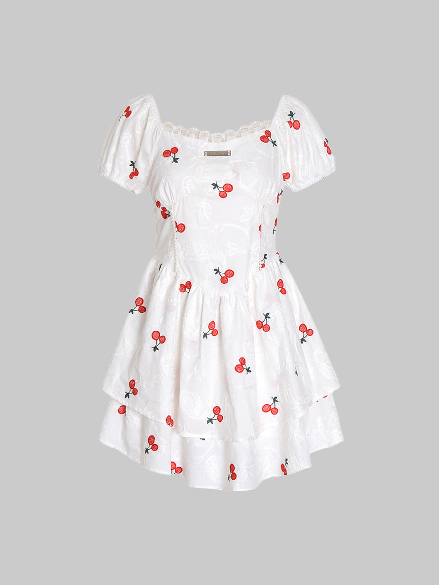 Embroidered Cherry White Dress