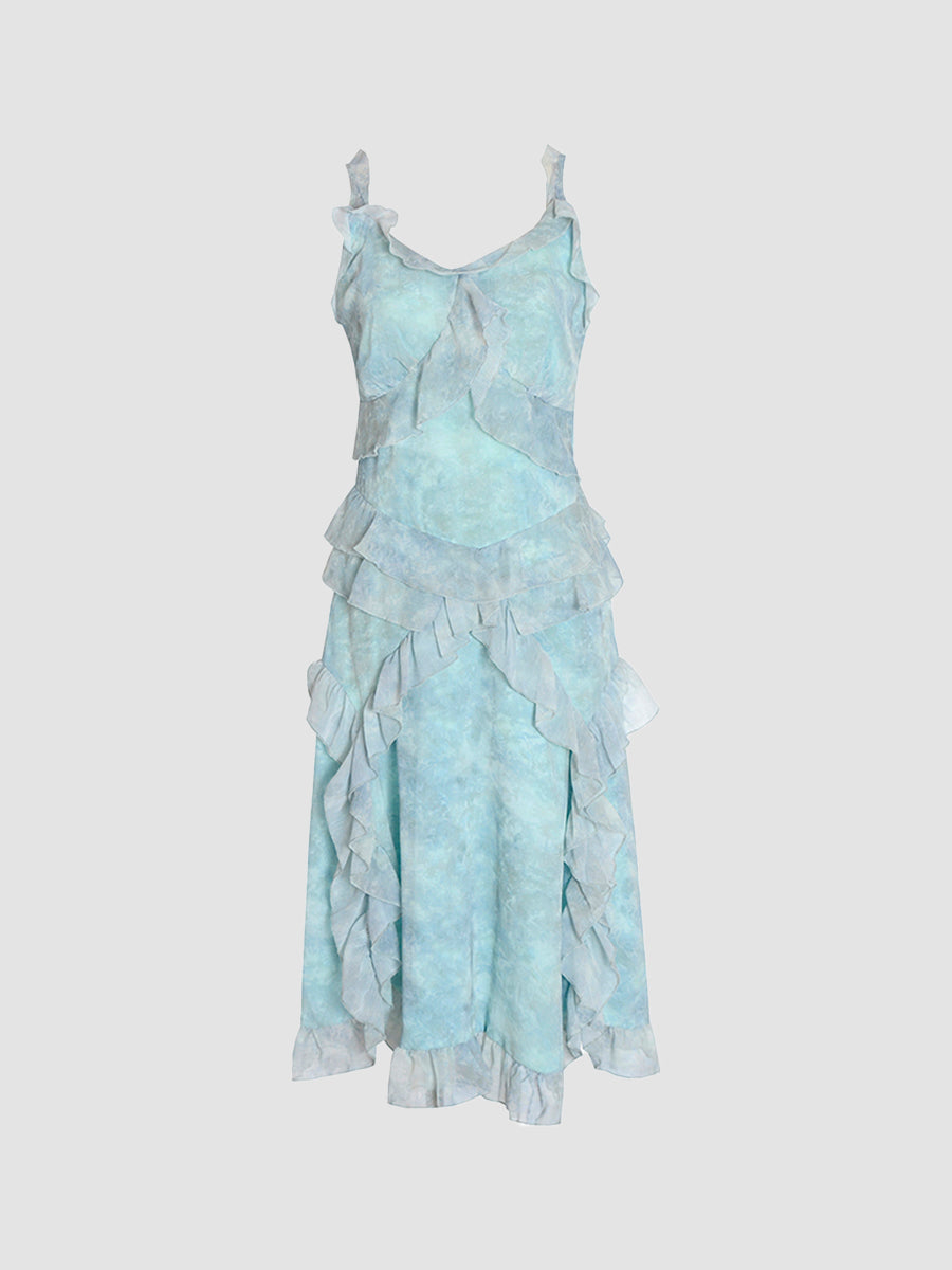 Floral Lace Lake Blue Halter Dress