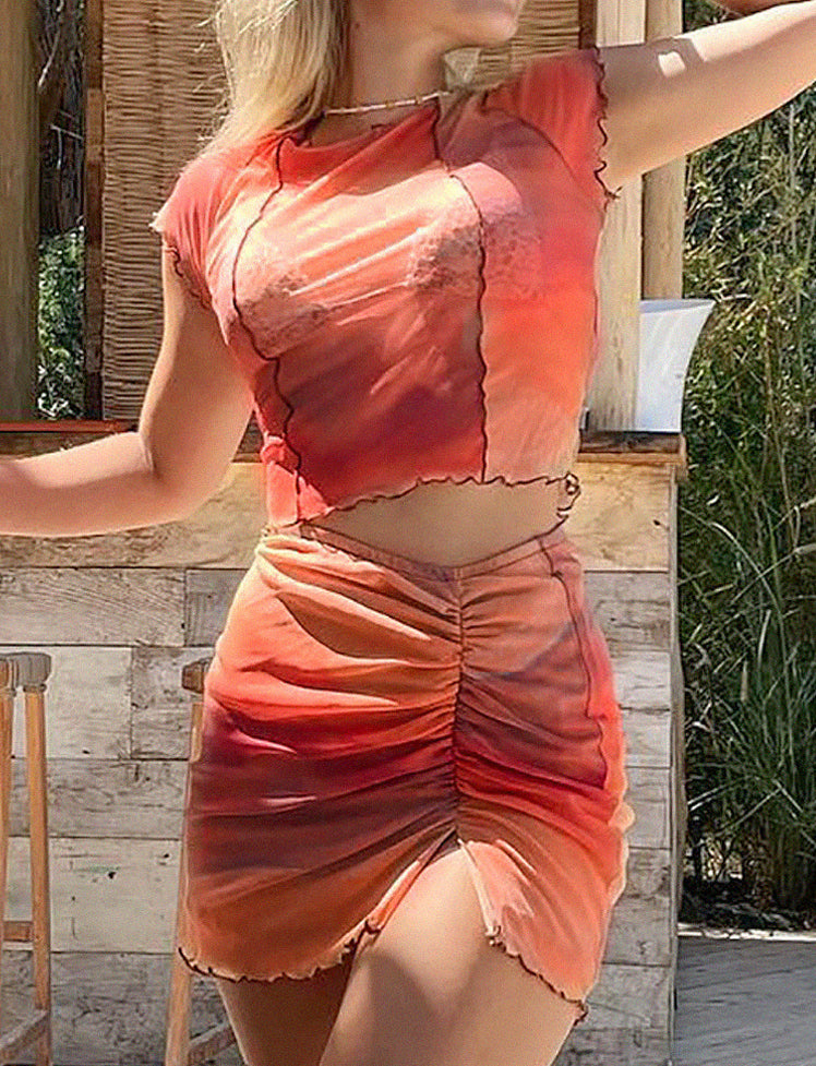 Ruffled Tie-dye Tee Top&Skirt Set