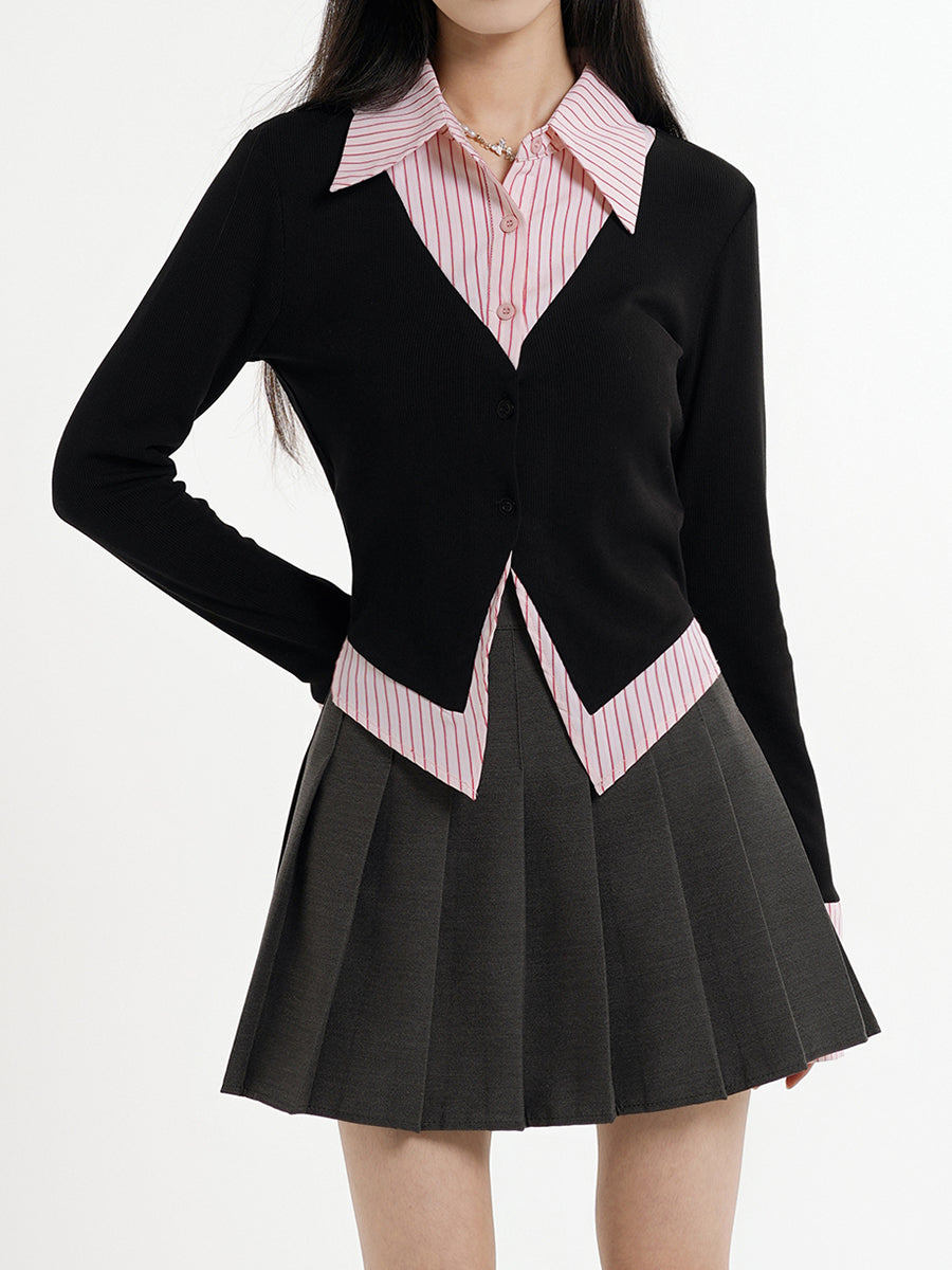 Fake Two Piece Shirt + Pleated Skirt Set