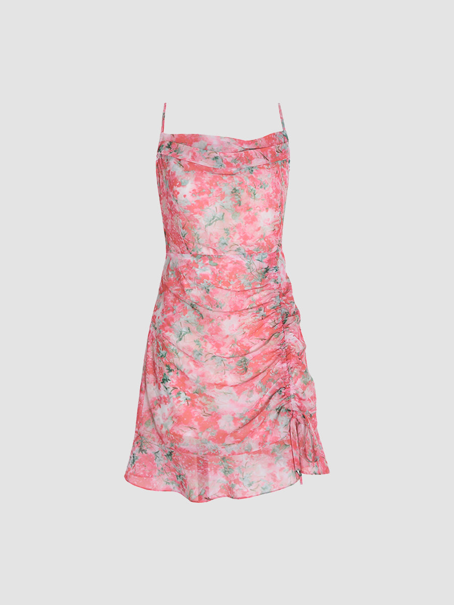 Pink Floral Halter Chiffon Dress