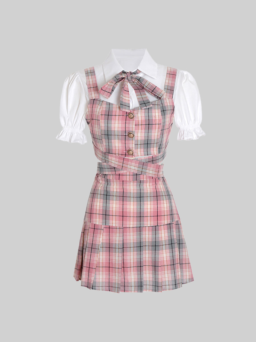 College Overlay Checkered Vest&Shirt&Skirt Three Pieces Set