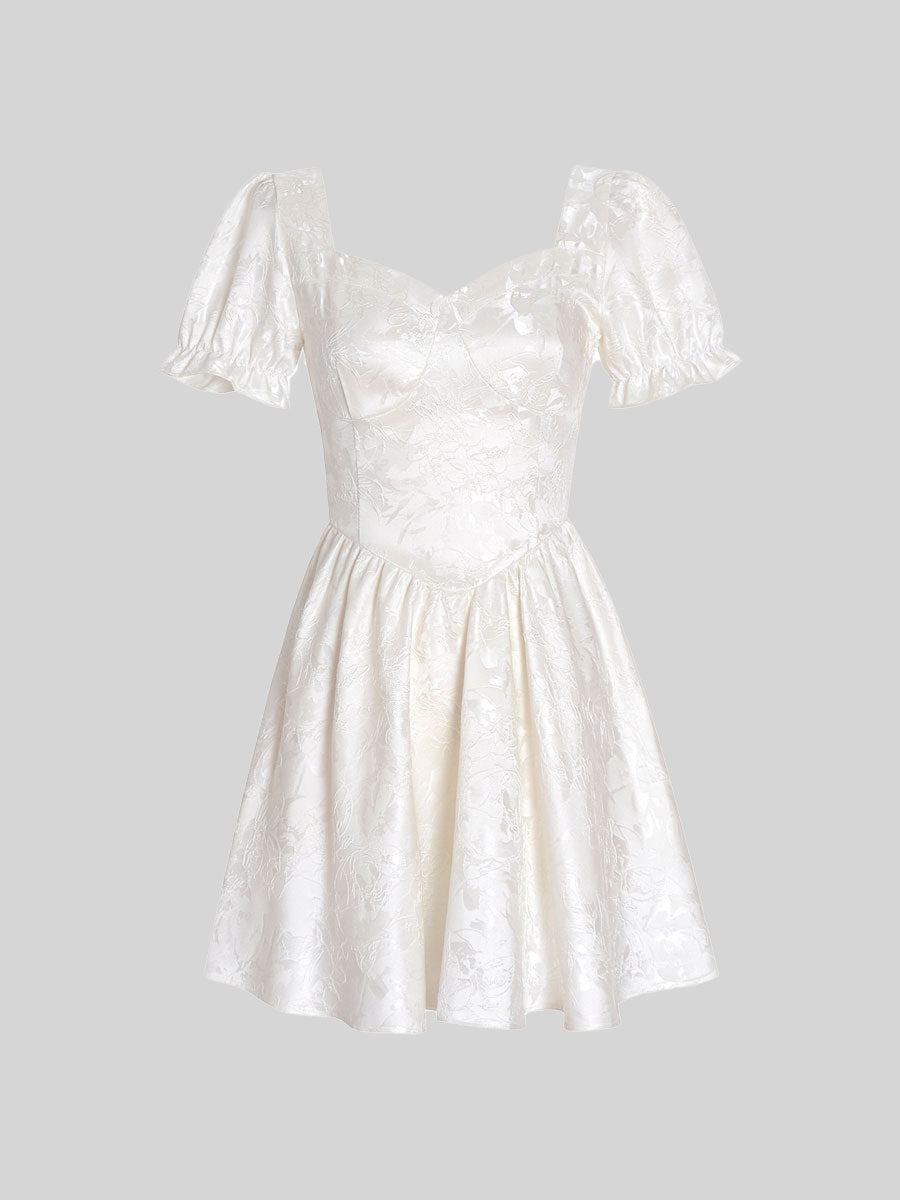 Sweet Jacquard Bubble Sleeve Creamy White Dress
