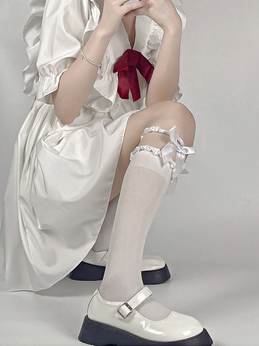 Velvet Lace Bow JK Thigh High Socks