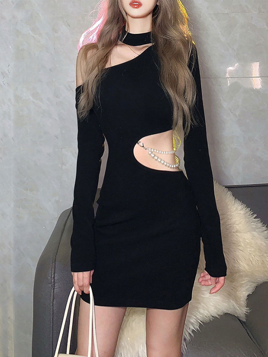 Sexy Black Irregular Hollow Pearl Chain Dress