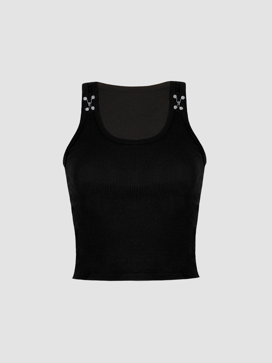 Black Knitted Button Tank Top