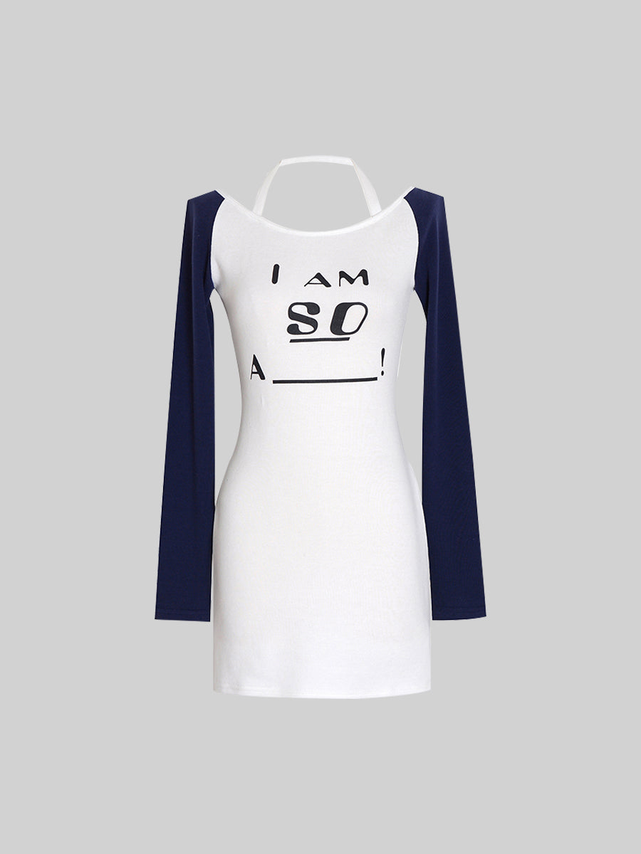 Navy Blue And White Knit Letters Dress