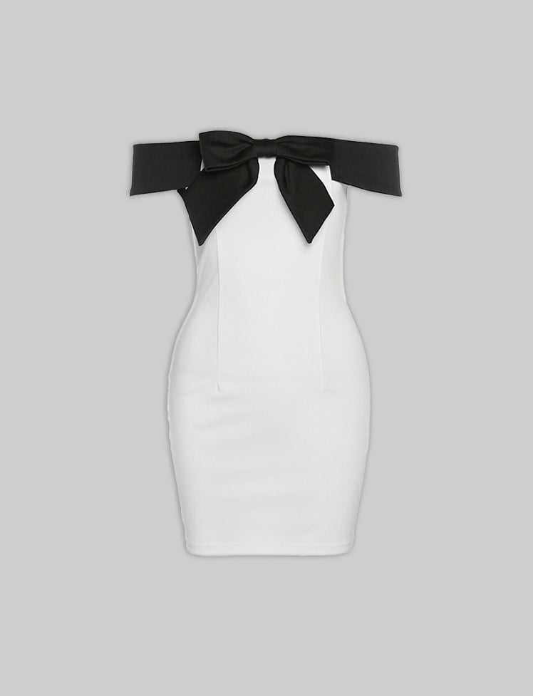 White Bow Tie Off-the-Shoulder Romper Dress