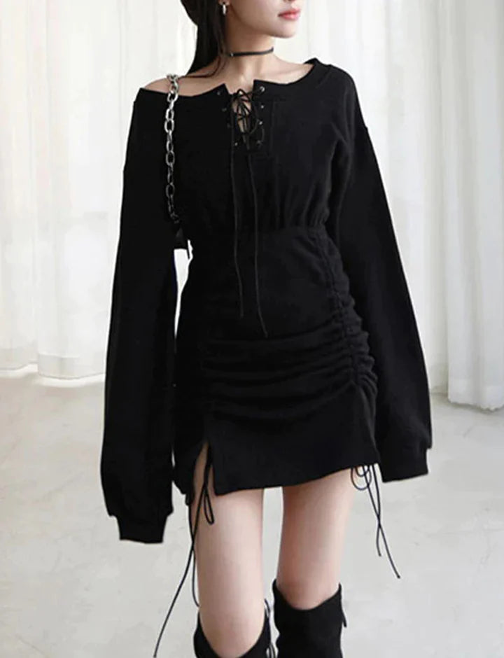 Black Off-The-Shoulder Drawstring Ruched Dress