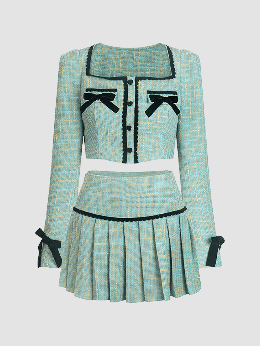 Green Bow Tweed Top&Skirt Set