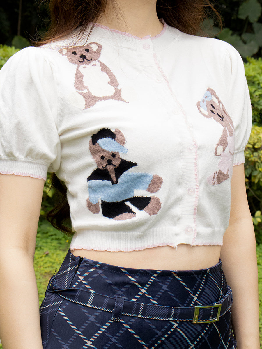 Bear Print Knitted Crop Top