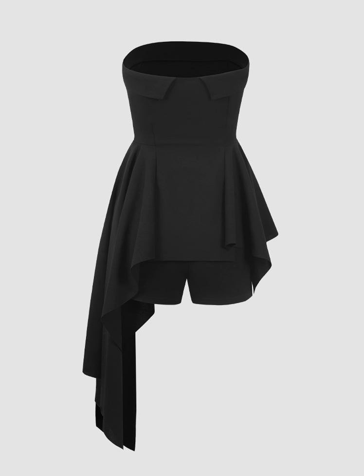 Irregular Solid Off Shoulder Dress&Shorts Set