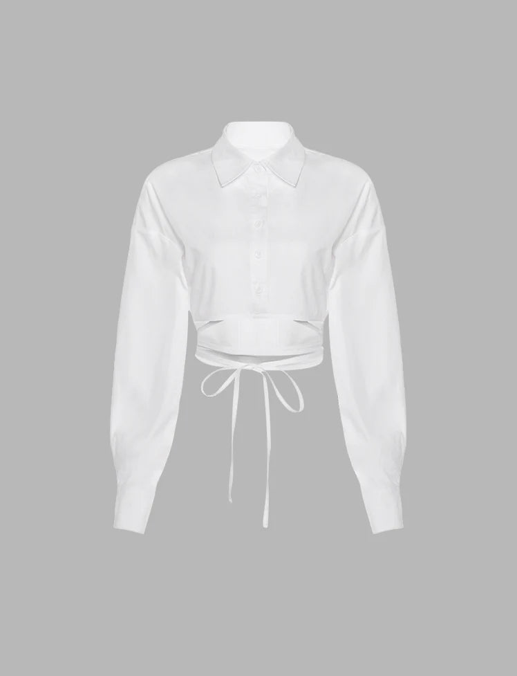 White Lace-up Shirt Crop Top