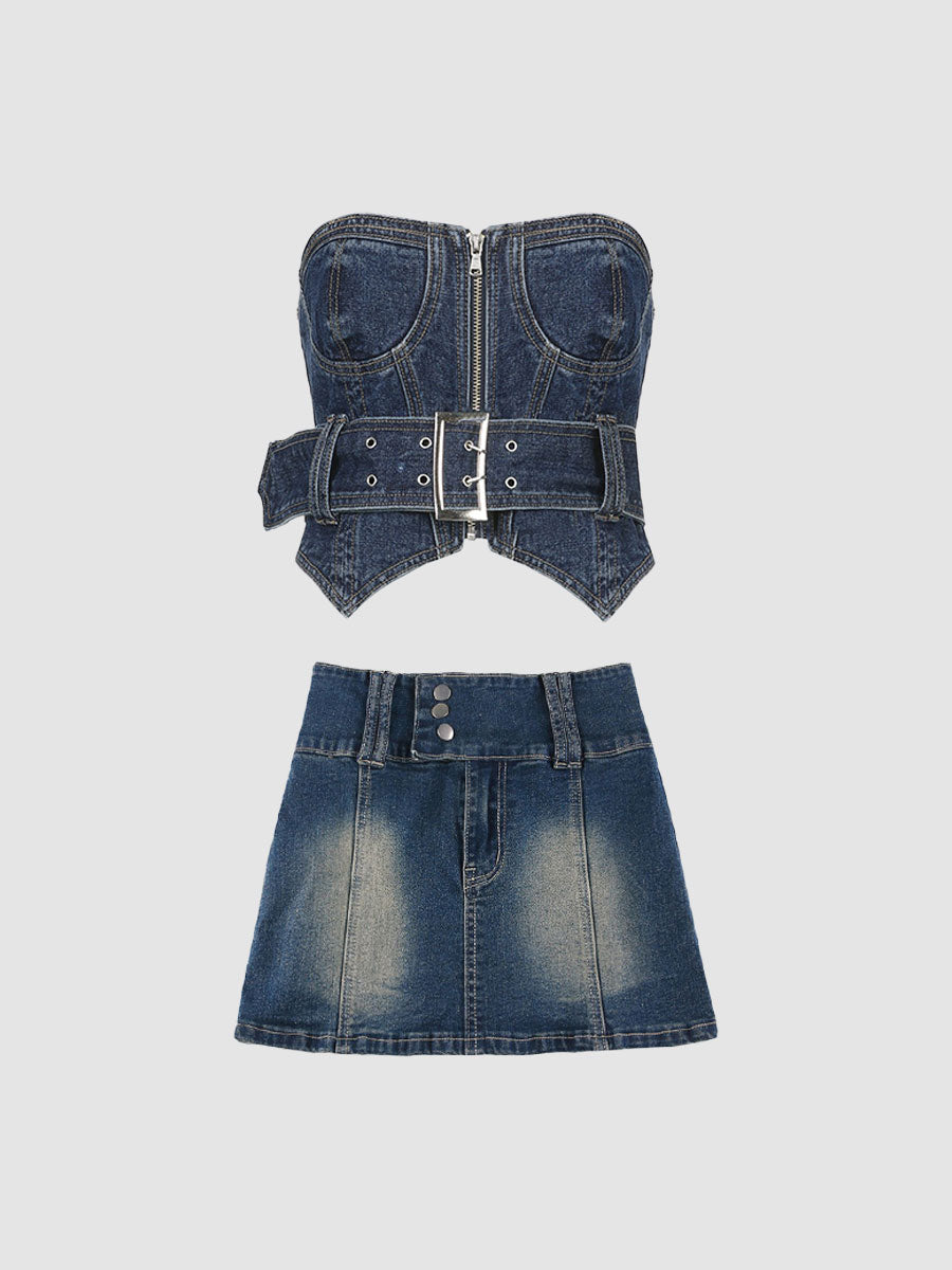 Denim Undershirt Top&Hip Skirt Two Pieces Set