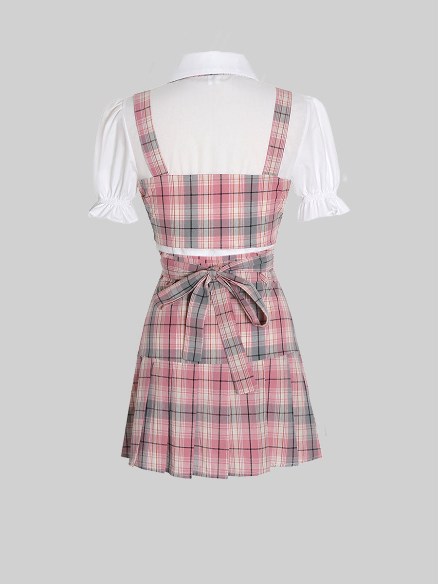 College Overlay Checkered Vest&Shirt&Skirt Three Pieces Set