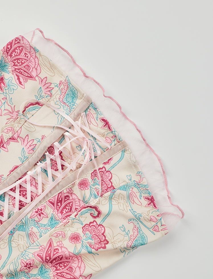 Floral Lace-up Ruffled Strapless Tube Top