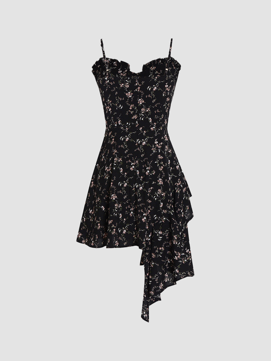 Strap Irregular Black Floral Dress