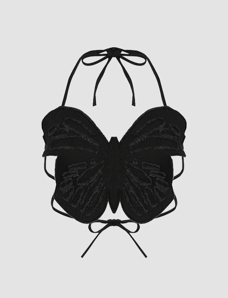 Blue Butterfly Three-dimensional Hollow Halter Top