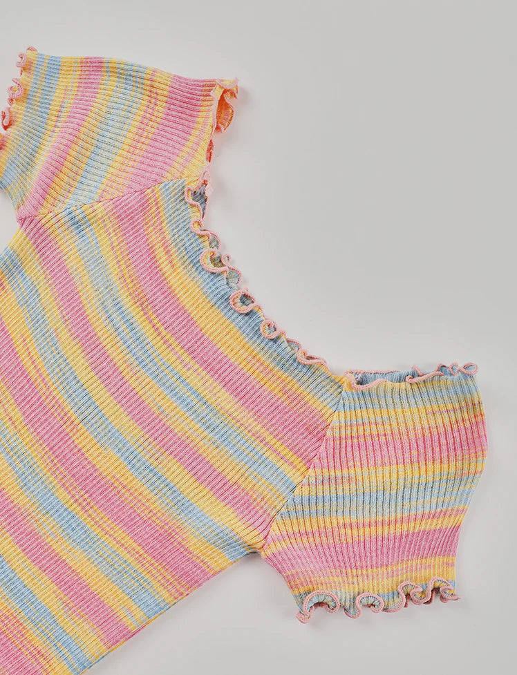 Colorful Ruffle Ribbed Knit Top