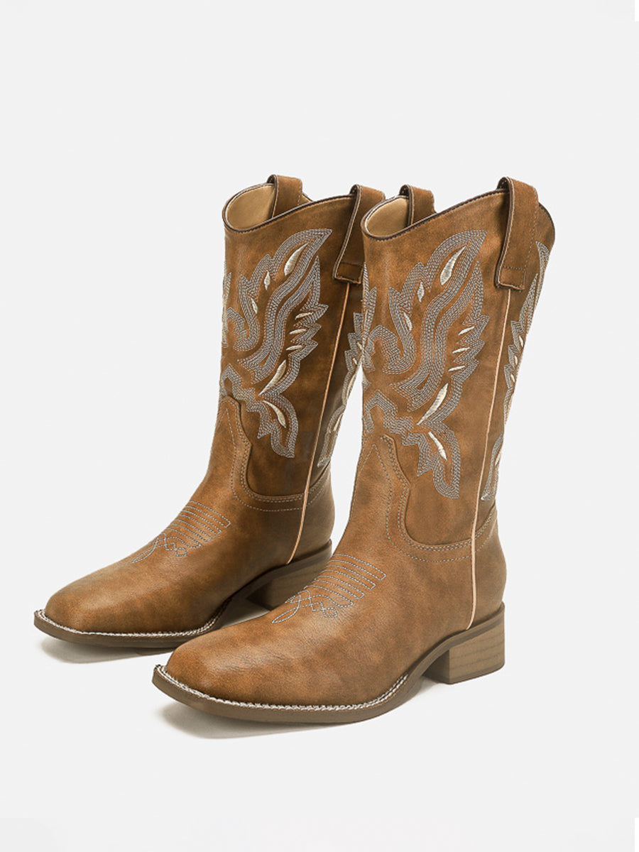 Brown Stitching Embroidered Butterfly Boots