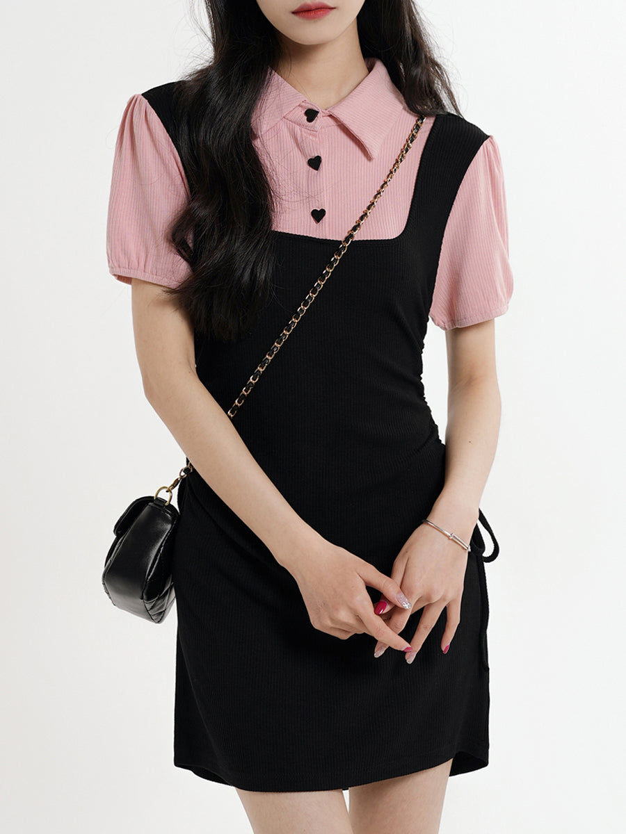 Sweet Girl Two Piece Polo Bubble Sleeve Dress