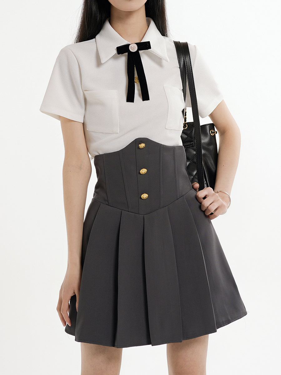 Knitted White Blouse + Corset Pleated Skirt Set