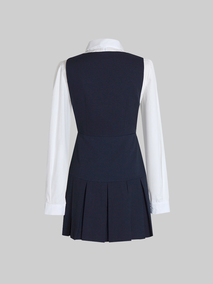 Sleeveless Dress & White Blouse Set with Tie