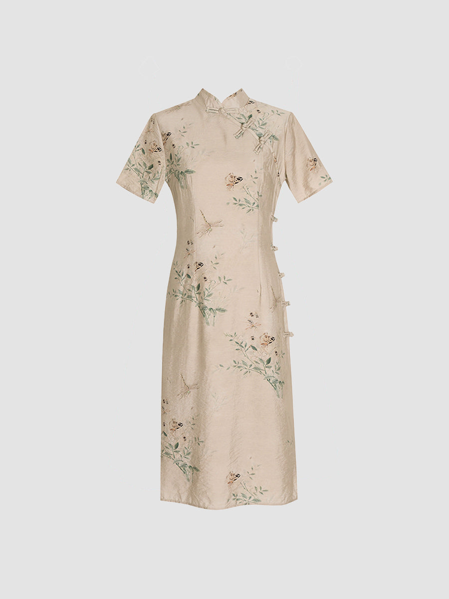 Women's Khaki Printed Chinese Cheongsam Midi Evening Dress