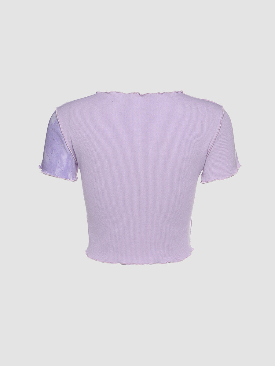 K-pop Tie Dye Cropped Frill Short Sleeve Tops