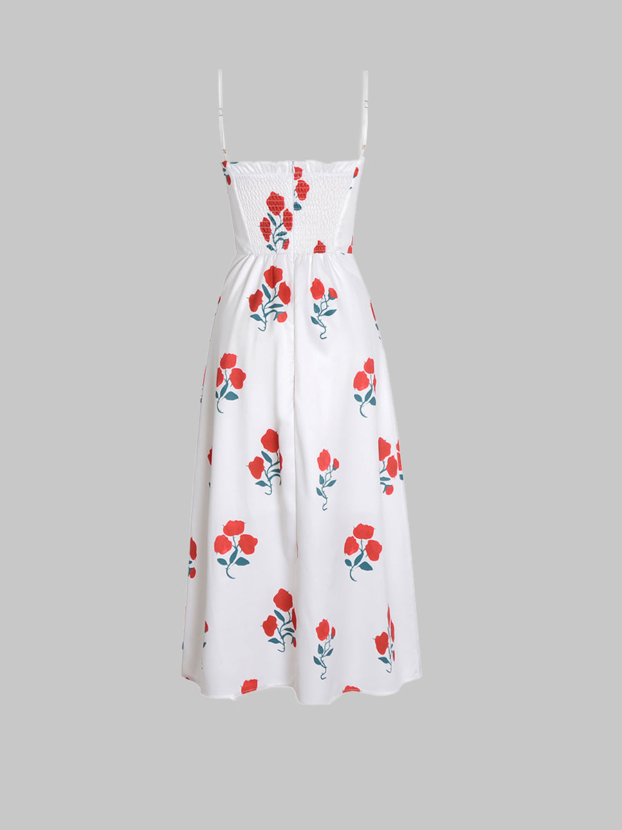 White&Red Vintage Rose Floral Dress
