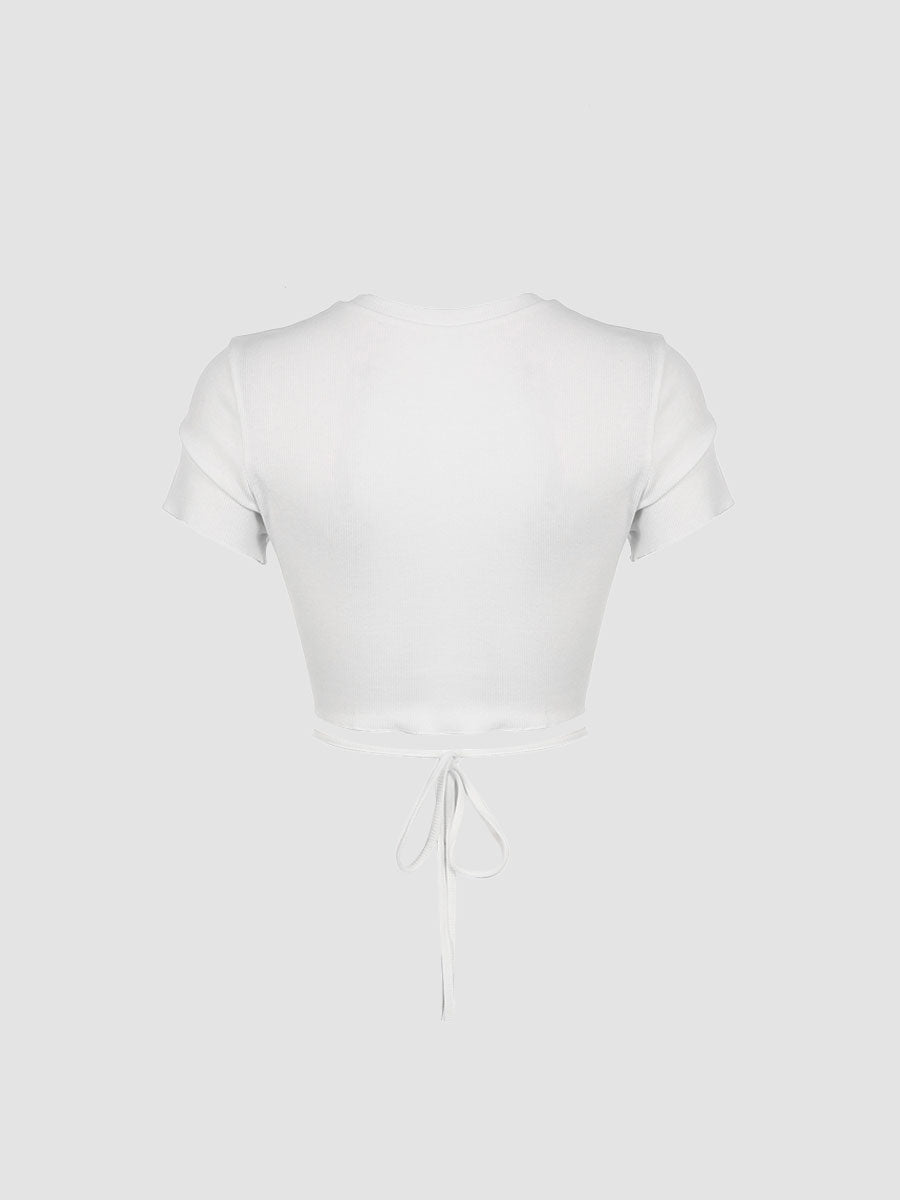 Butterfly Print Short Hollow Lacing Top