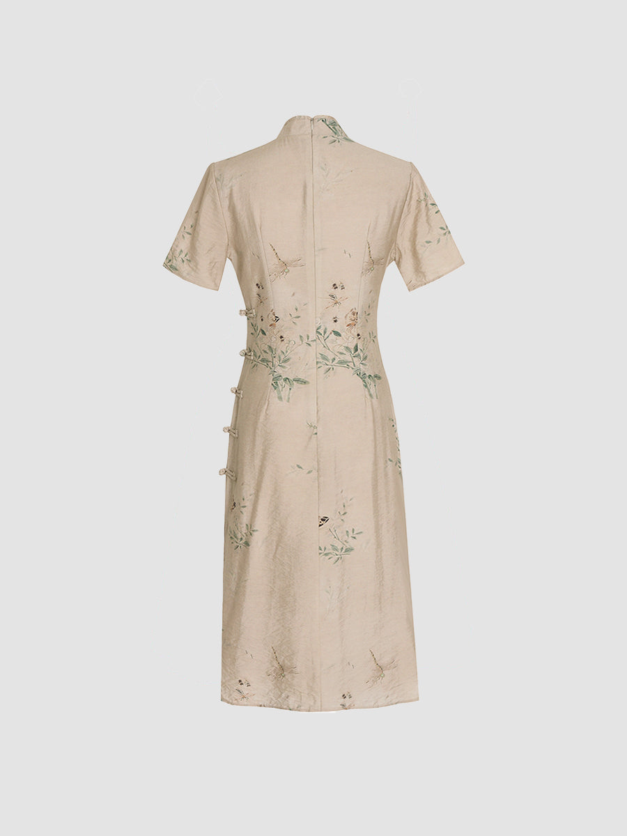 Women's Khaki Printed Chinese Cheongsam Midi Evening Dress