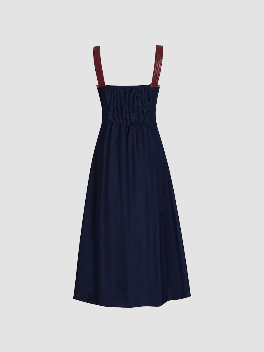 Retro Dark Blue Denim Strapped Midi Dress
