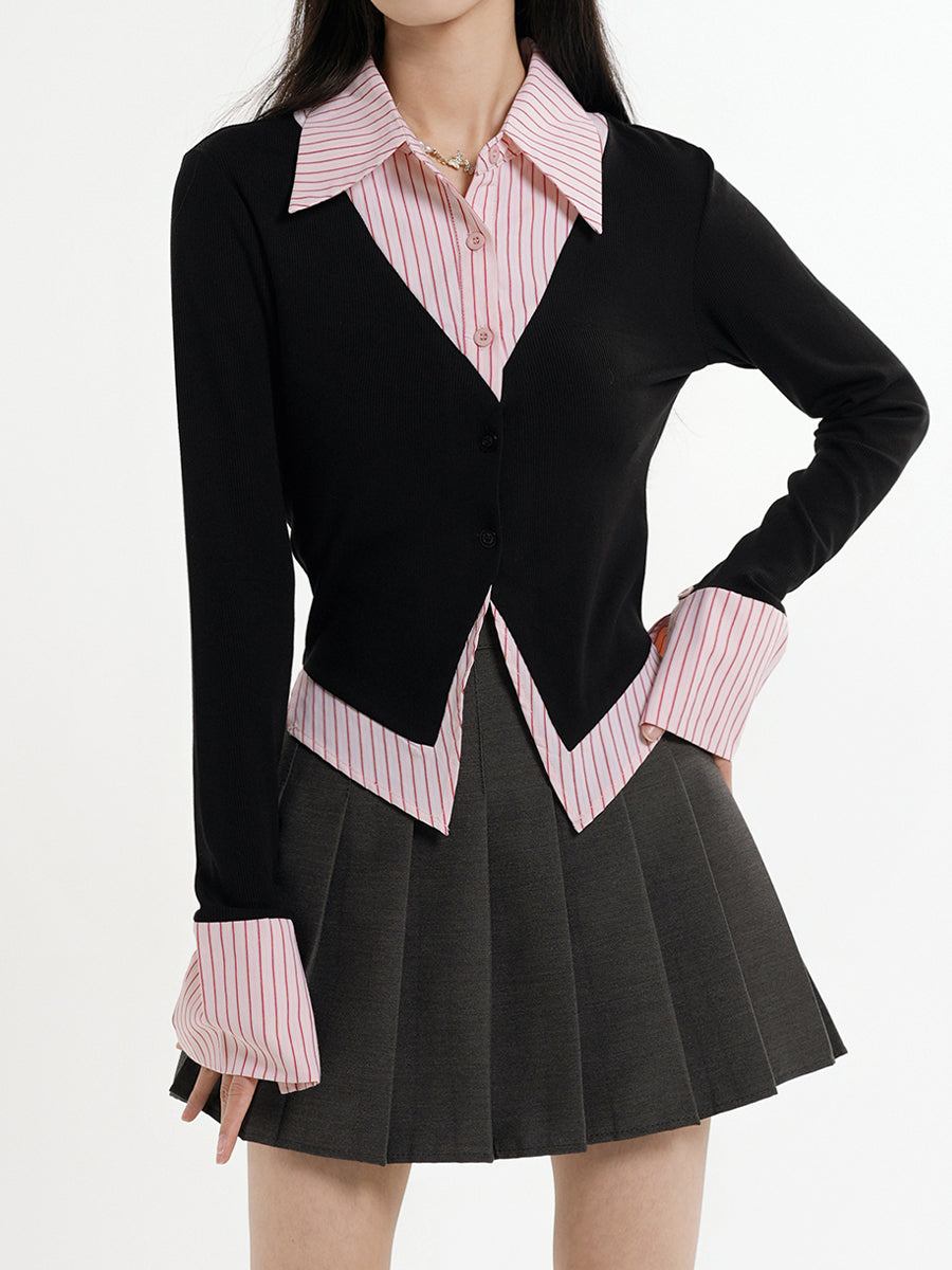 Fake Two Piece Shirt + Pleated Skirt Set