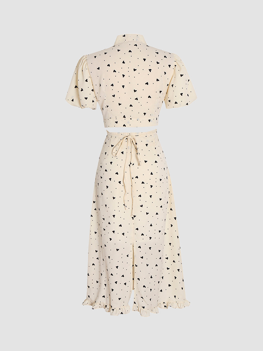 Retro High Waisted Bow Top+love Print Midi Skirt Set