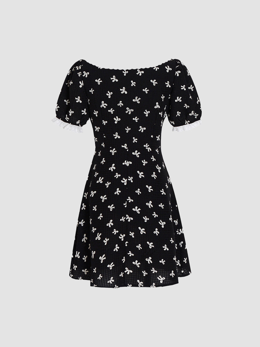 Retro Bow Print Doll Neck Dress